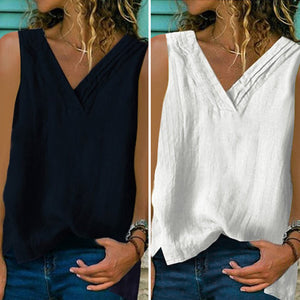 Sleeveless Solid Cotton Linen T-Shirt